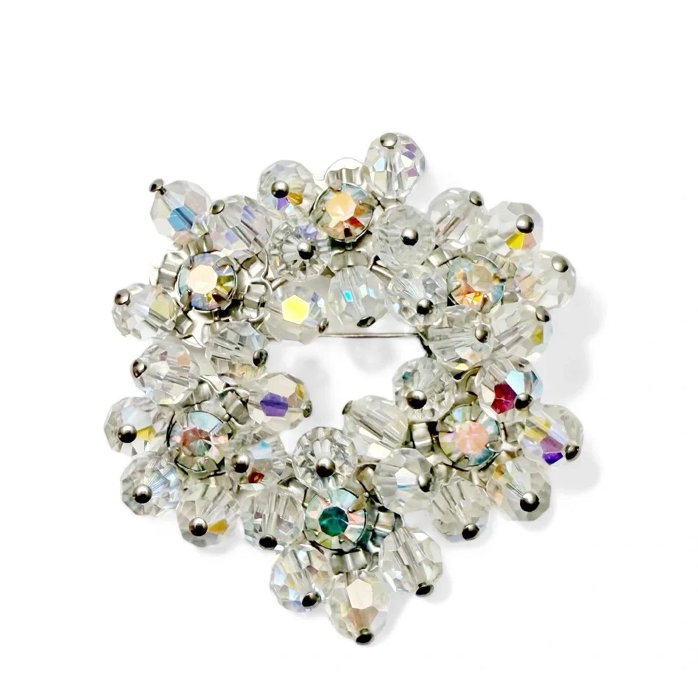 Vintage AB Rhinestone Clear Glass Beaded Cha Cha Round Brooch Pin